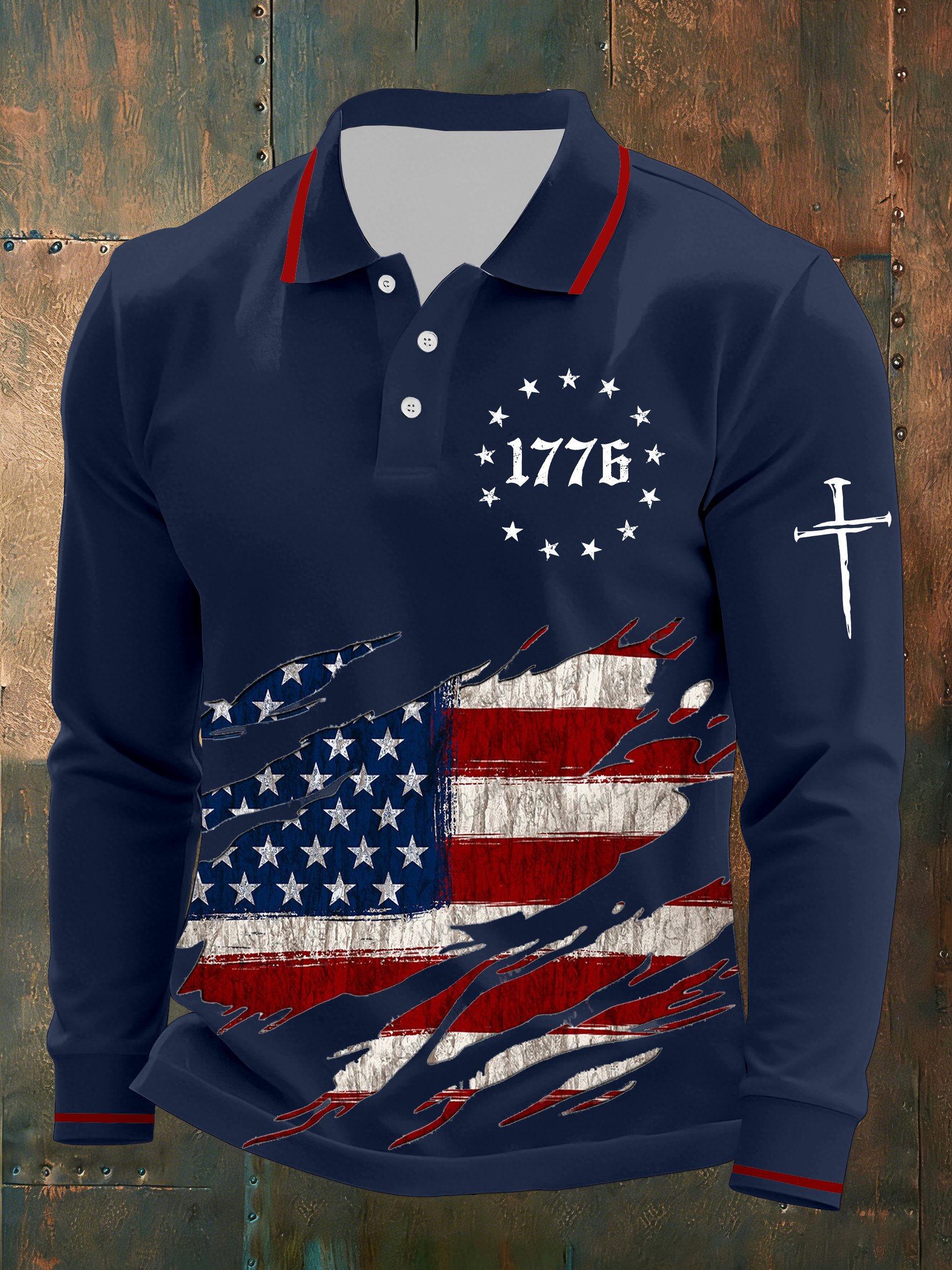 Patriotic 1776 American Flag Print Long-Sleeve Polo Shirt – Distressed USA Flag Design with Cross Detail