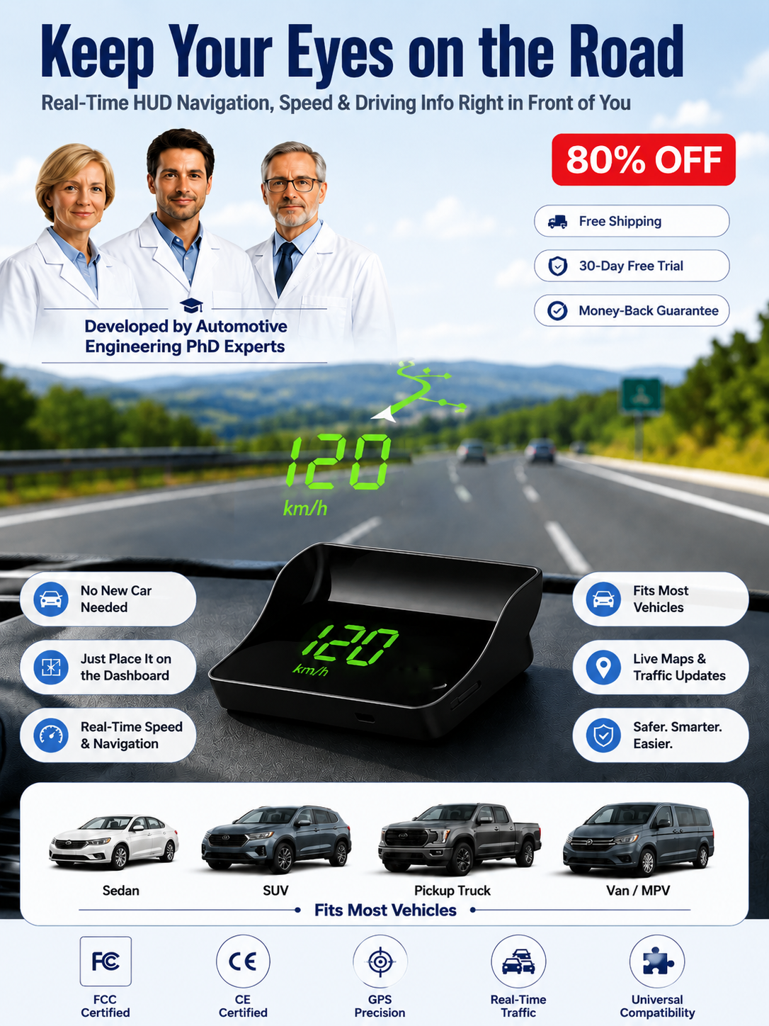 【Smart In-Car HUD Co-Pilot】Works on Sedans, SUVs, Pickups, RVs, and More! 30-Day Risk-Free Trial