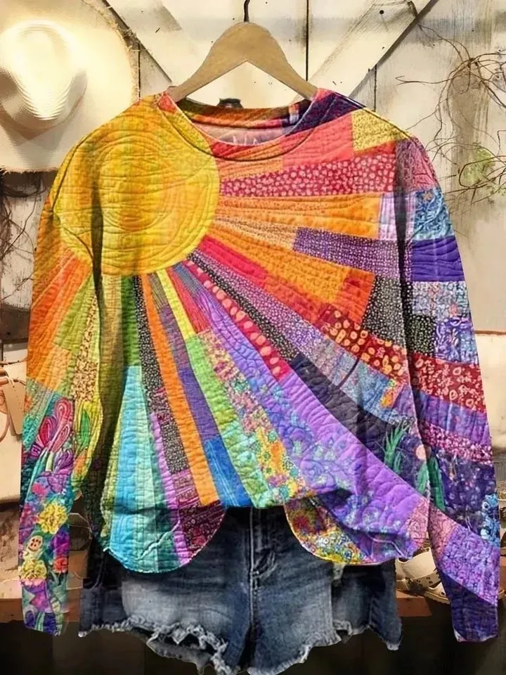 Women's Colorful Sun Collage Art Print Casual Cotton And Linen Shirt