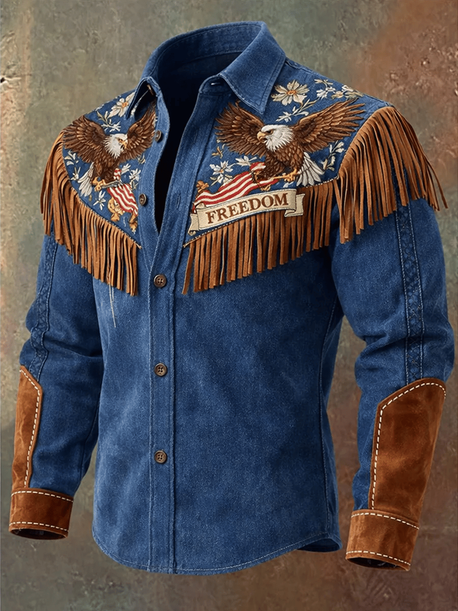 Men's US 250th Anniversary Western Fringe Embroidered Shirt – Patriotic Eagle & Flag Cowboy Button-Down with Suede Accents