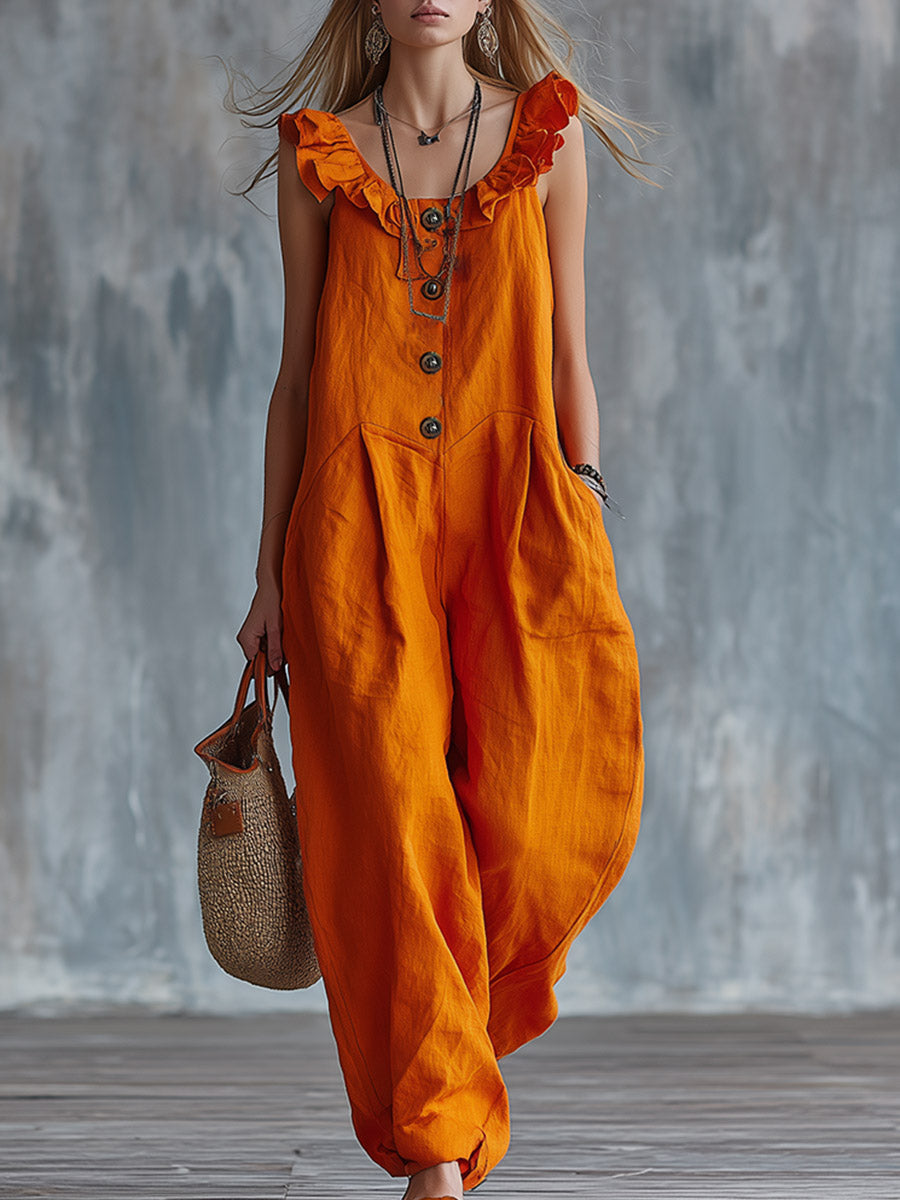 🔥2026 New Arrivals🔥Women's Vibrant Orange Ruffled-Strap Cotton-Linen Jumpsuit