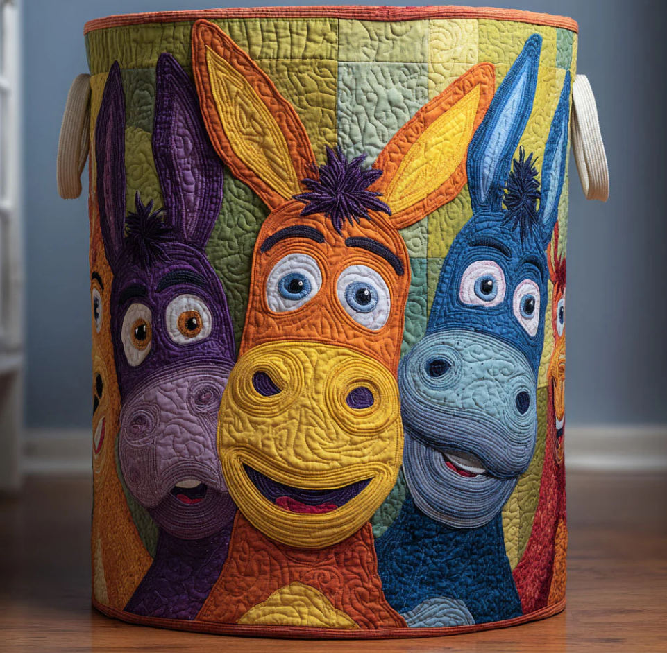 Colorful Cartoon Donkey Pattern Quilted Laundry Basket Eco-Friendly Machine Washable Storage Organizer for Home Kids' Room Decor | Donkey