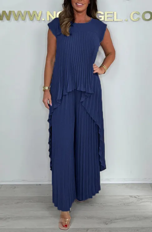Pleated High Low Top & Trouser Two Piece Set (Buy 2 Free Shipping)
