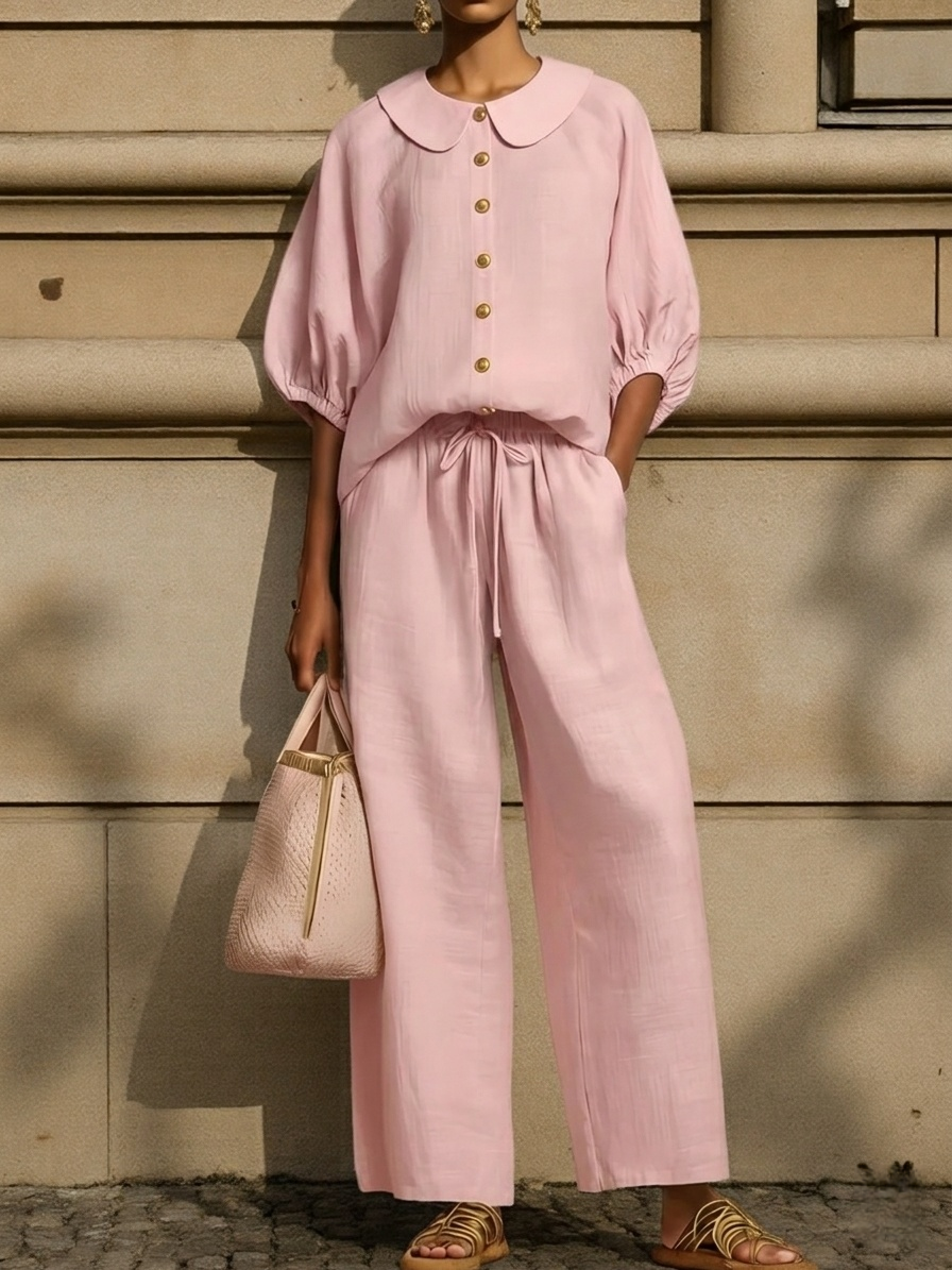 🔥Stylish Peter Pan Collar Shirt And Wide-leg Pant Linen Two-piece Set