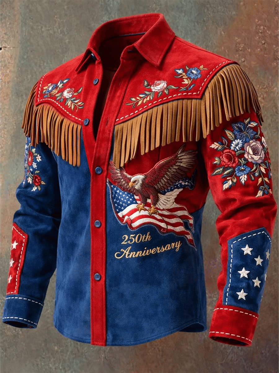 Men's US 250th Anniversary Western Fringe Embroidered Shirt – Patriotic Eagle & Flag Cowboy Button-Down with Suede Accents