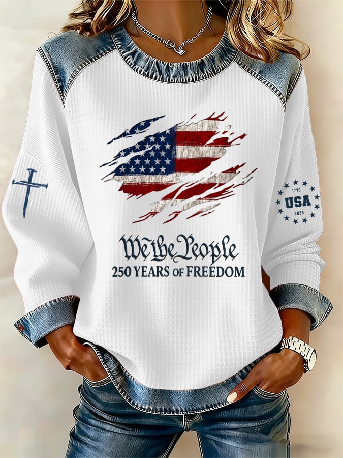 Women's 250th Anniversary "We The People" Distressed Flag Denim-Trim Waffle Sweatshirt