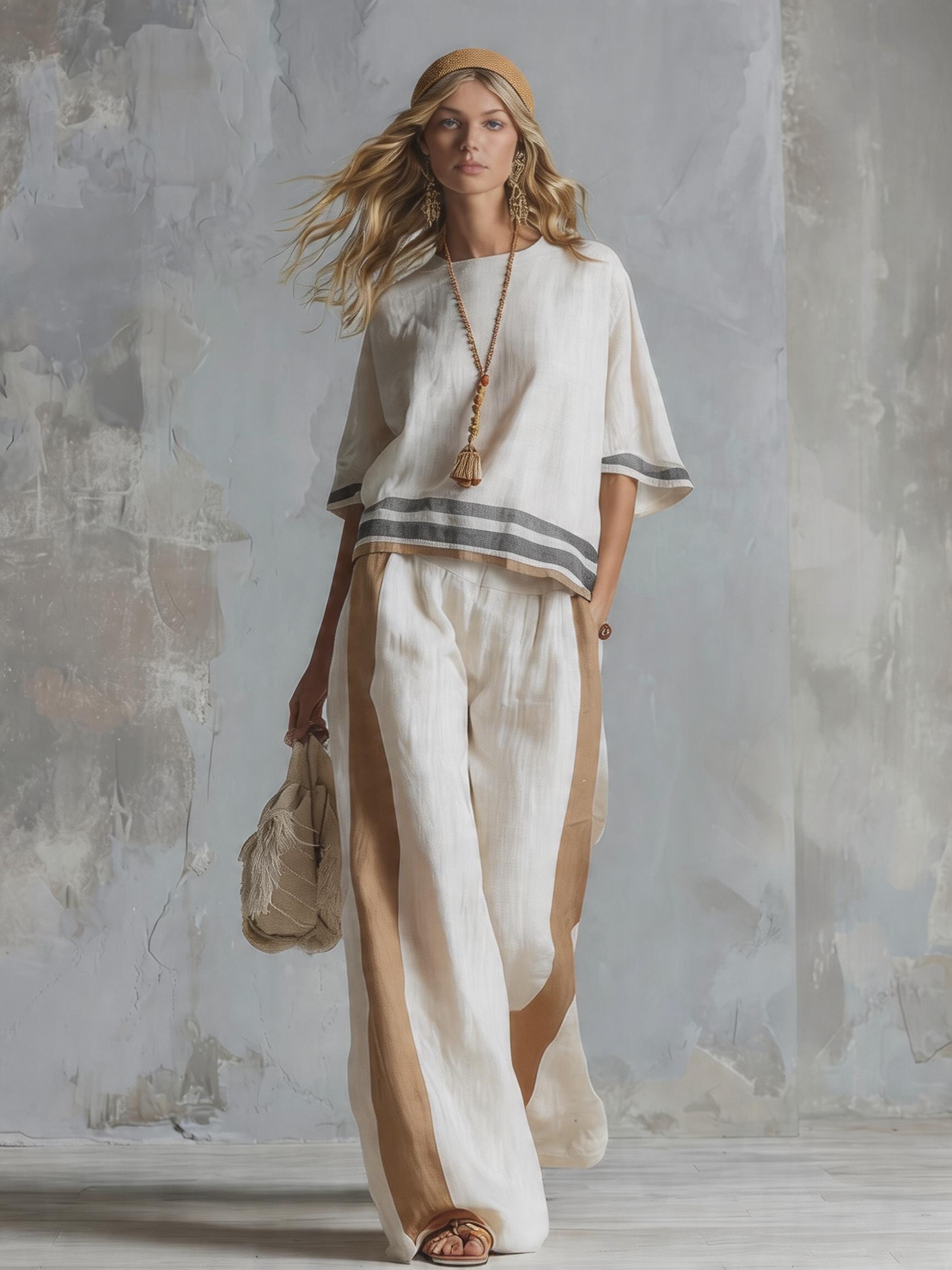 Casual Urban Style Contrast-Trimmed White T-Shirt & Wide-Leg Pants Cotton-Linen Set