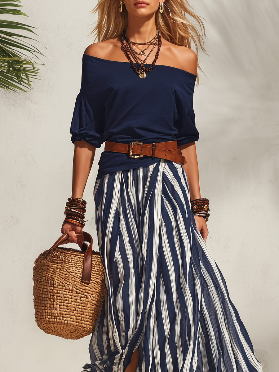 Nautical Vacation Style Navy Blue Off-the-shoulder Top And Navy Blue And White Striped Chiffon Slit Skirt Set