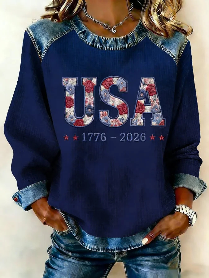 Women's US 250th Anniversary 1776-2026 Patchwork Sweatshirt – Floral USA Print Denim-Accent Pullover