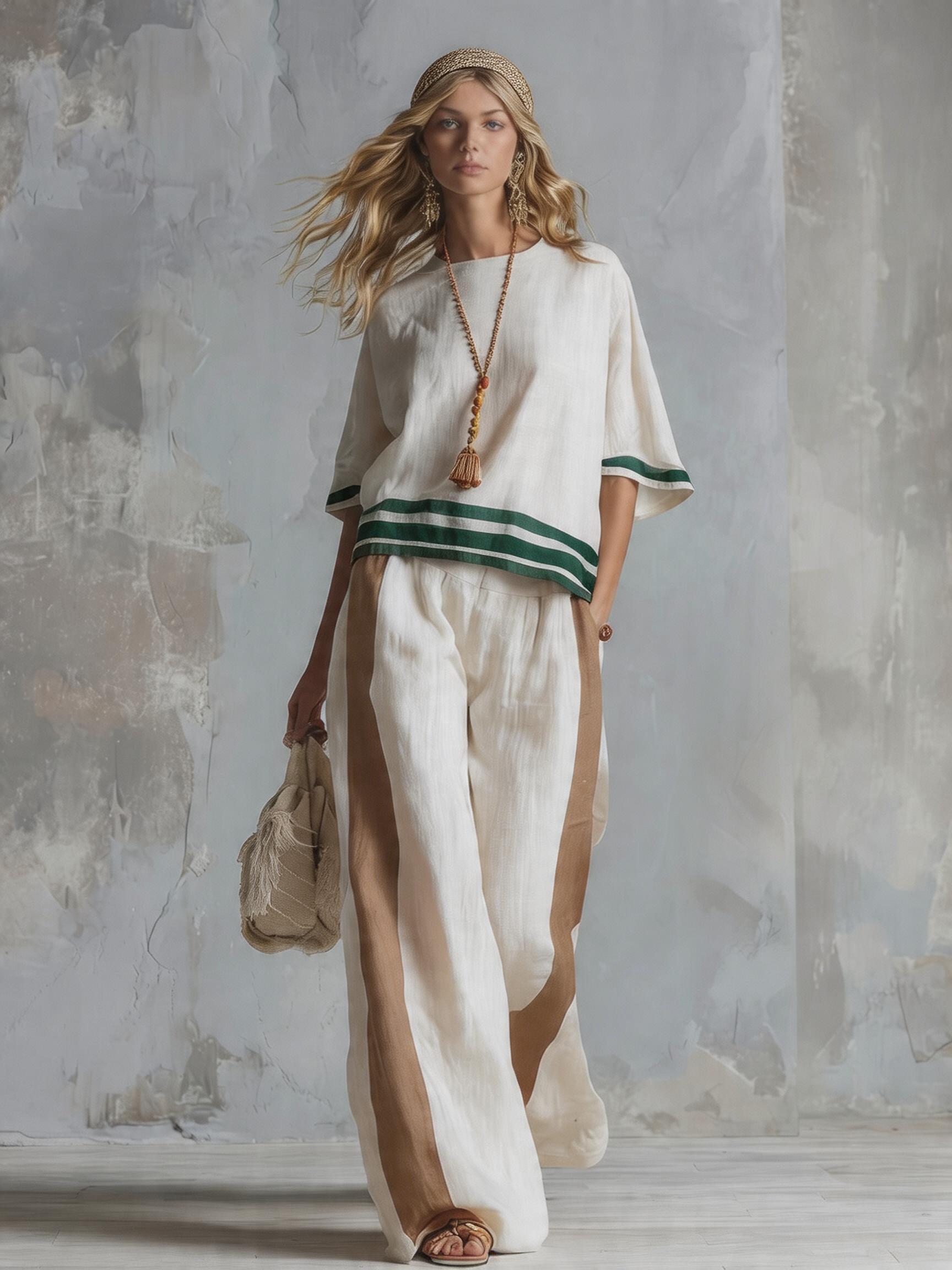 Casual Urban Style Contrast-Trimmed White T-Shirt & Wide-Leg Pants Cotton-Linen Set