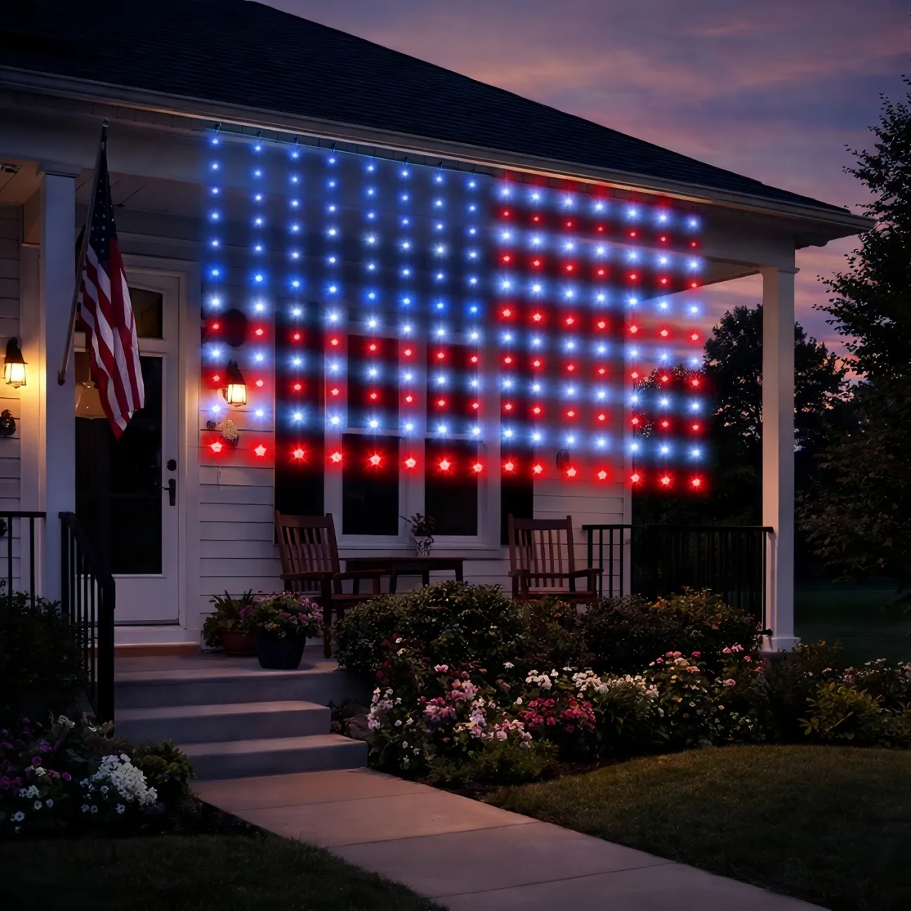 American Flag Curtain Lights, Waterproof Patriotic Outdoor String Lights, Red White Blue Decoration
