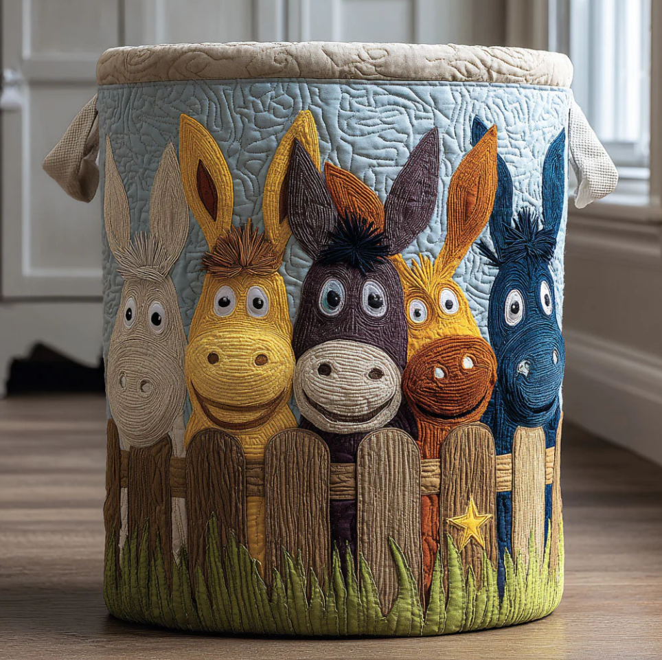 Colorful Cartoon Donkey Pattern Quilted Laundry Basket Eco-Friendly Machine Washable Storage Organizer for Home Kids' Room Decor | Donkey