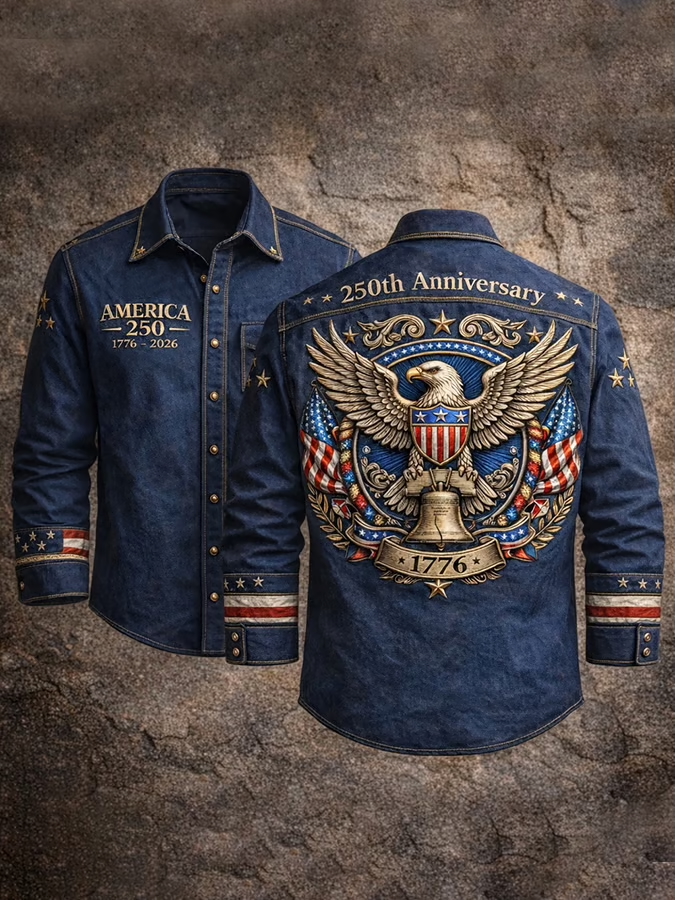 Men's 250th Anniversary (1776-2026) American Patriotic Print Denim Shirt, Retro Eagle & Liberty Bell Graphic Long Sleeve Button-Down Western Style Casual Shirt