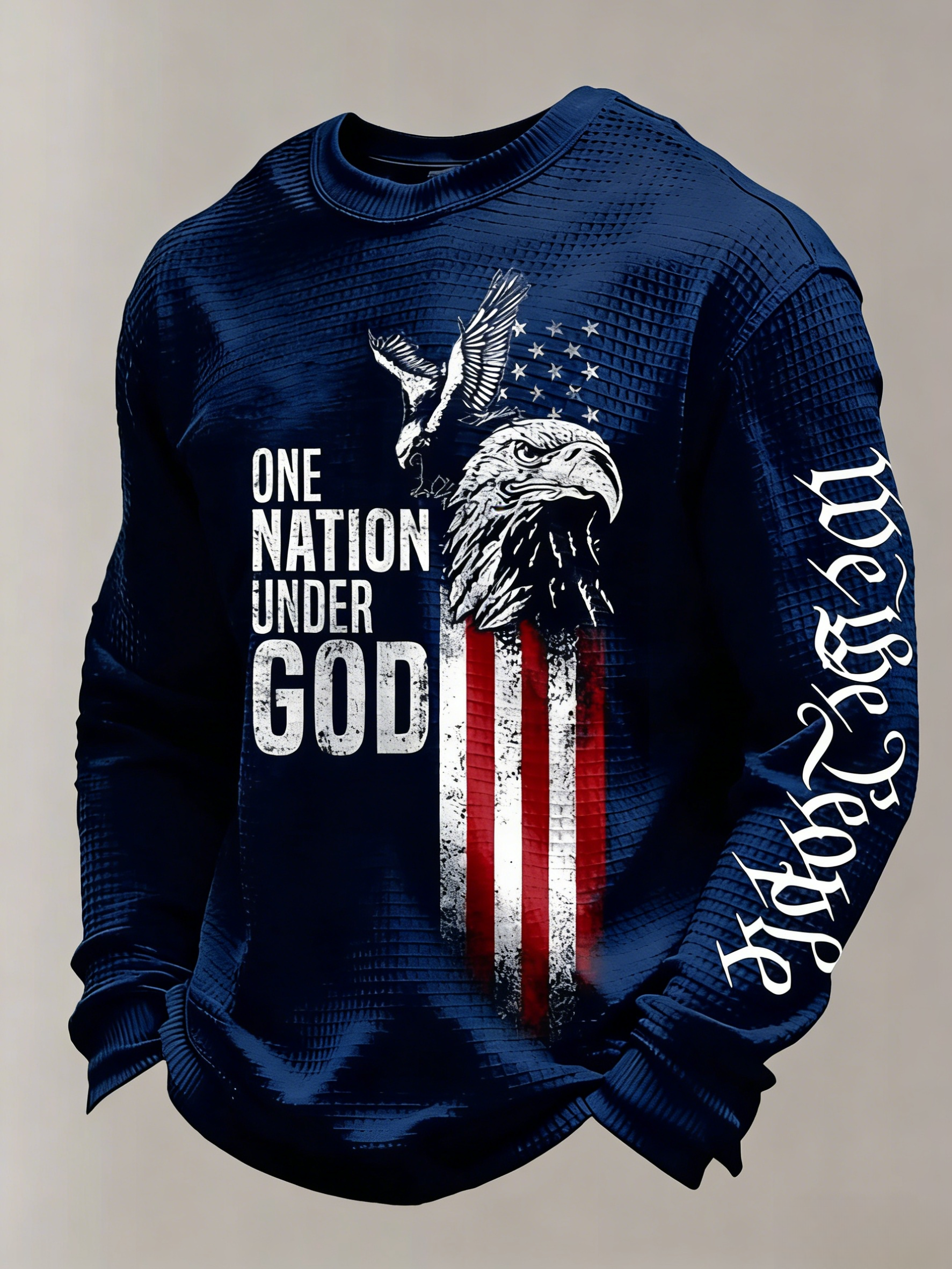 Men's "One Nation Under God" Retro Eagle & Flag Print Waffle-Knit Long-Sleeve Top
