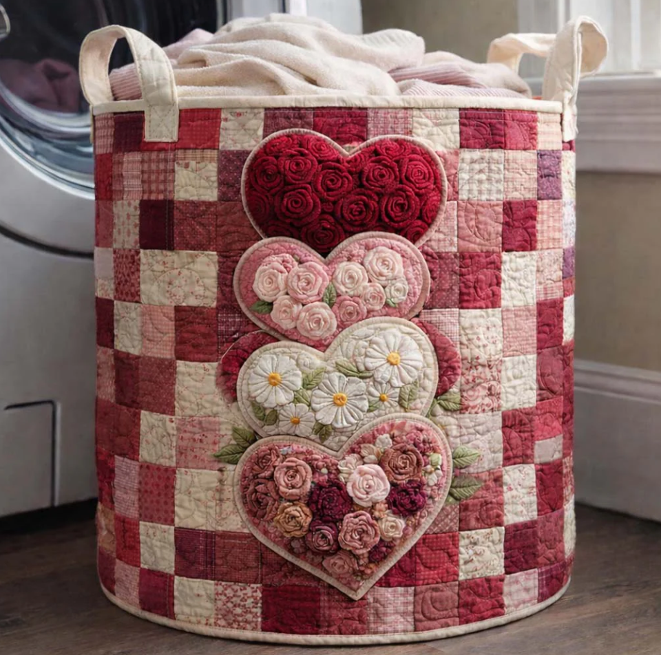 Romantic Floral Heart Patchwork Pattern Quilted Laundry Basket | Heart