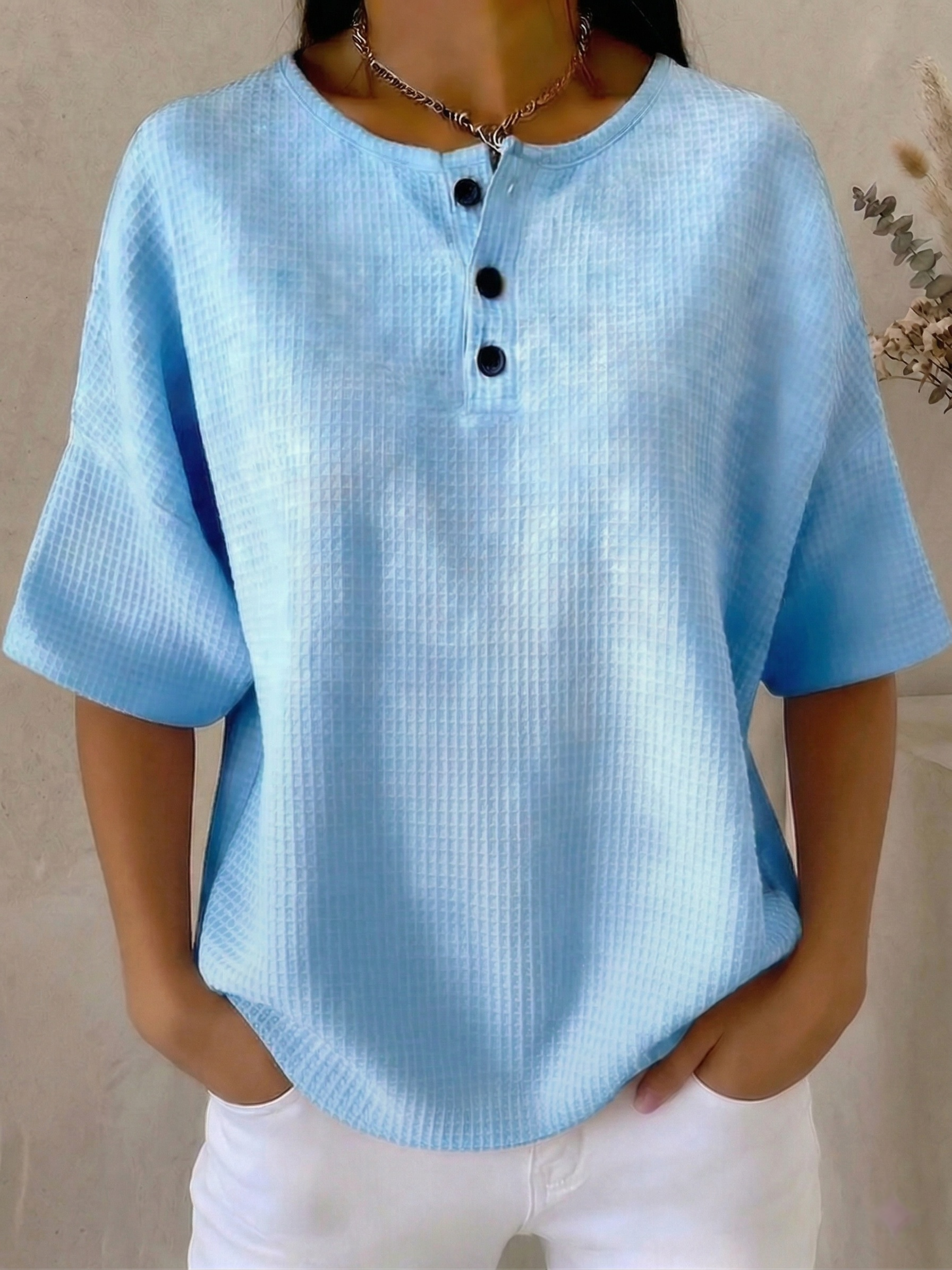 New Arrivals🔥Women's Casual Waffle Henry Collar 4/3 Sleeves T-shirt