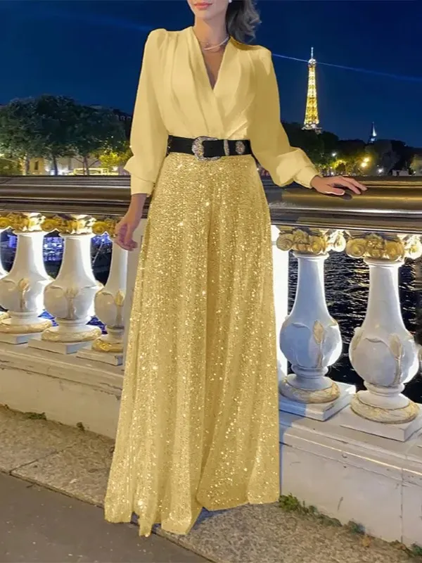 Stylish V-Neck Long Sleeve Shirt & Sequin Wide Leg Pants Set (Buy 2 Free Shipping)