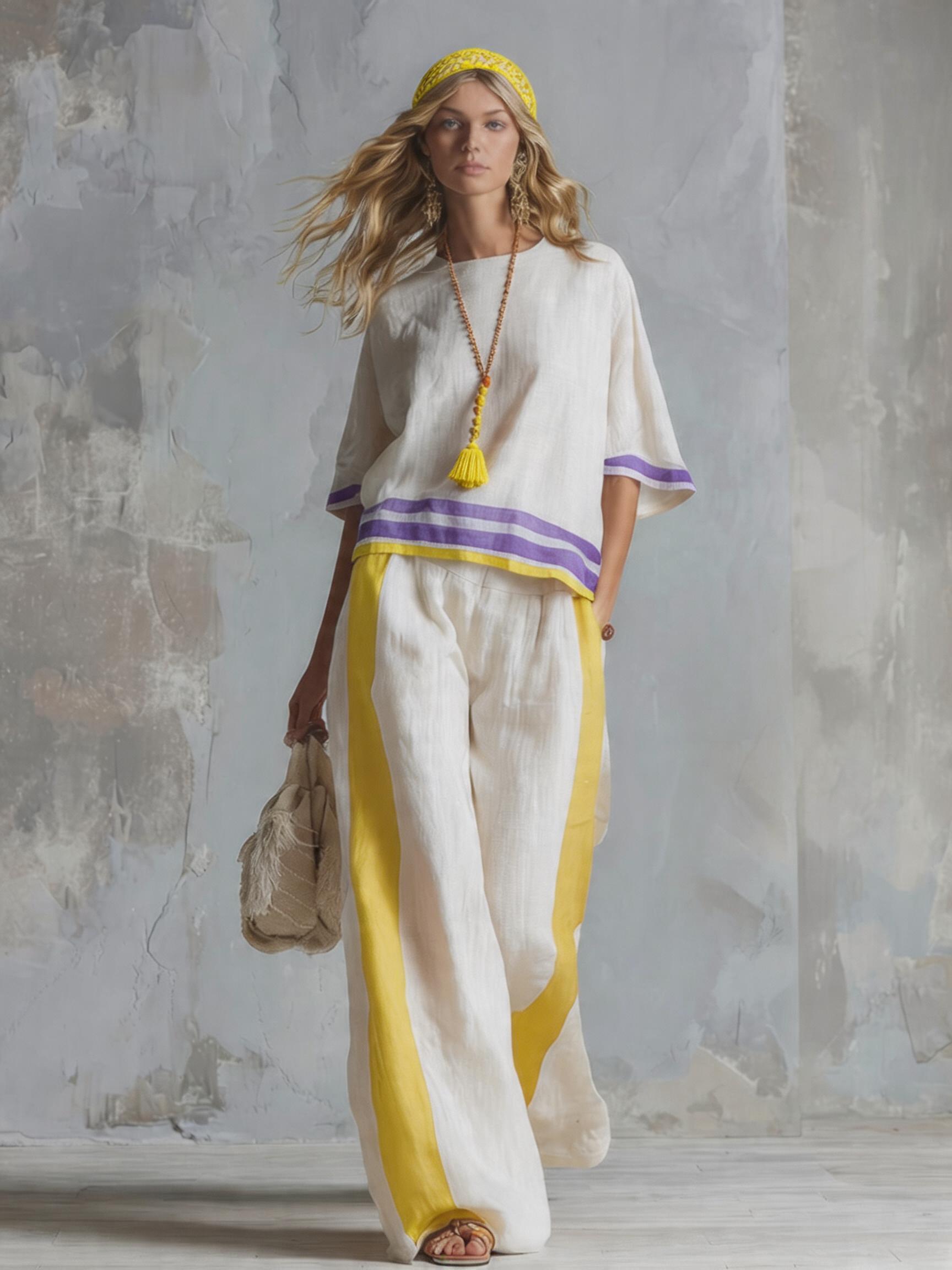 Casual Urban Style Contrast-Trimmed White T-Shirt & Wide-Leg Pants Cotton-Linen Set