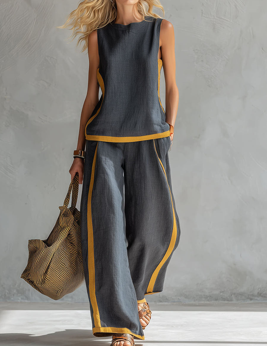 Plus Size Friendly Women's Casual Linen Contrast Trim Sleeveless Top and Wide-Leg Pants Set - Limited-Time 53% OFF
