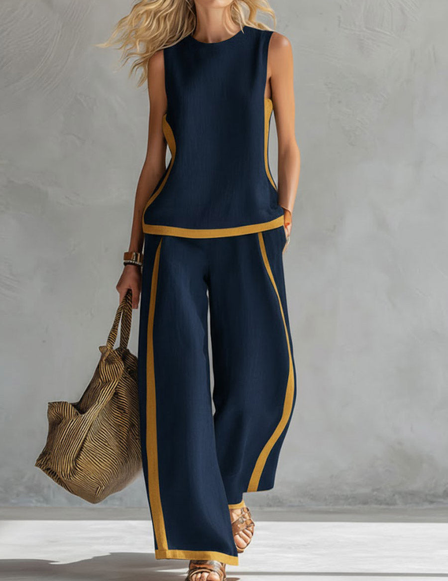 Plus Size Friendly Women's Casual Linen Contrast Trim Sleeveless Top and Wide-Leg Pants Set - Limited-Time 53% OFF