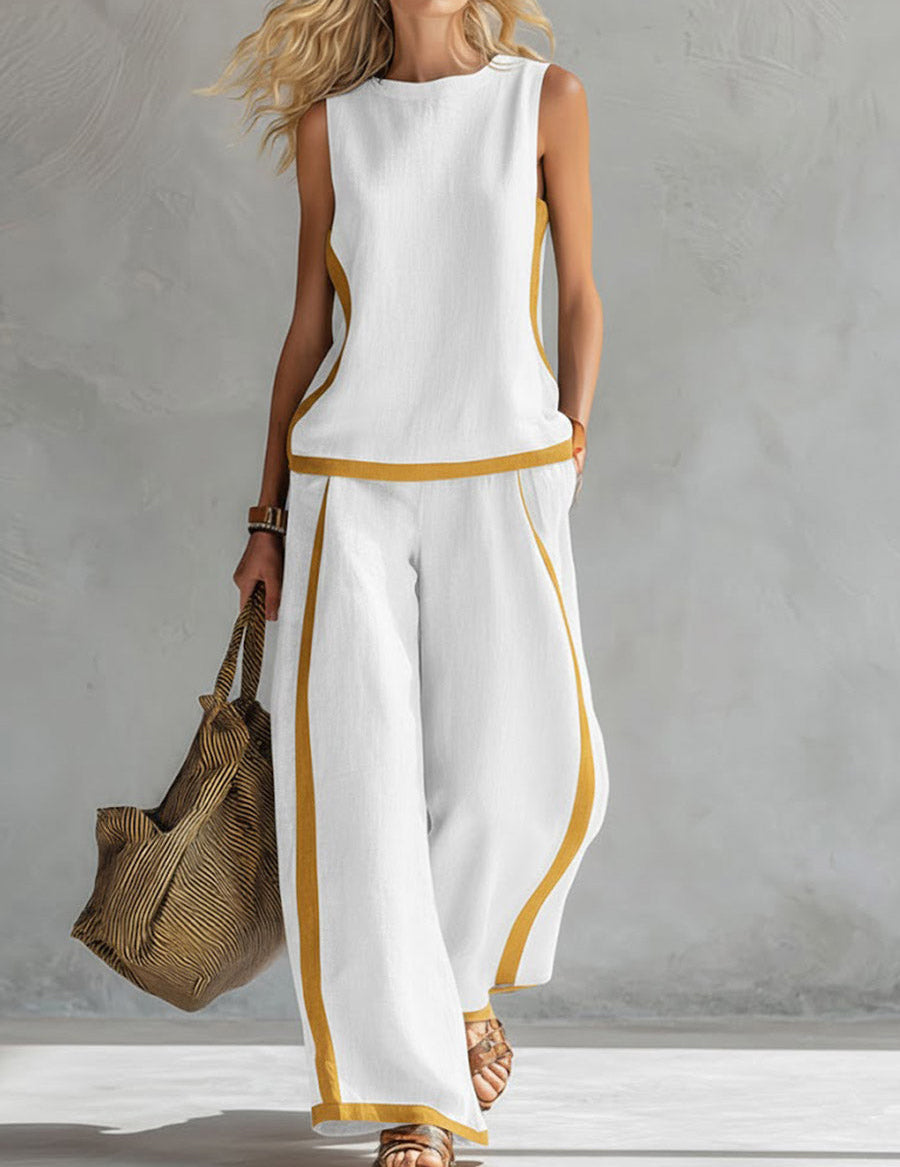 Plus Size Friendly Women's Casual Linen Contrast Trim Sleeveless Top and Wide-Leg Pants Set - Limited-Time 53% OFF