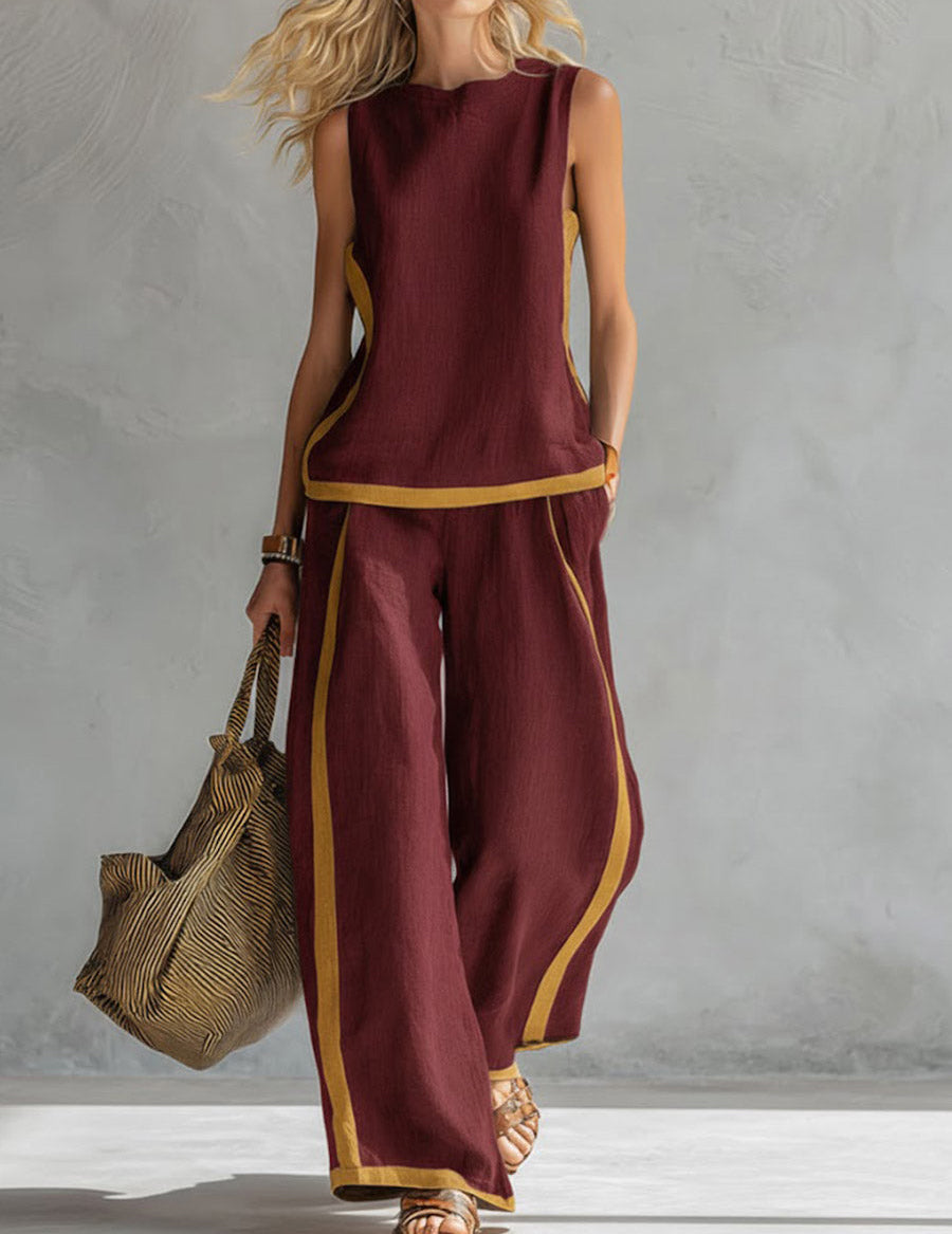 Plus Size Friendly Women's Casual Linen Contrast Trim Sleeveless Top and Wide-Leg Pants Set - Limited-Time 53% OFF