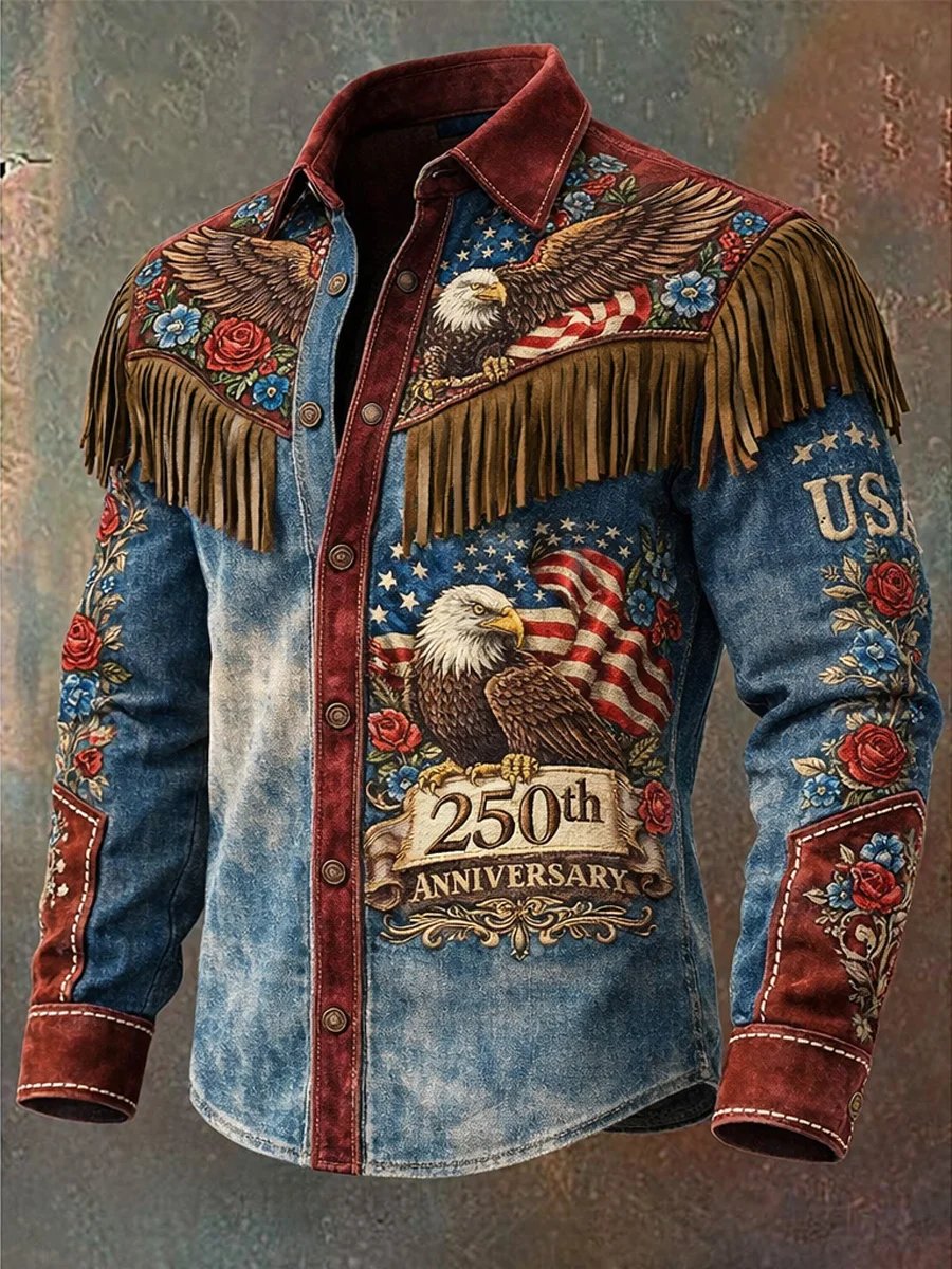 Men's US 250th Anniversary Western Fringe Embroidered Shirt – Patriotic Eagle & Flag Cowboy Button-Down with Suede Accents