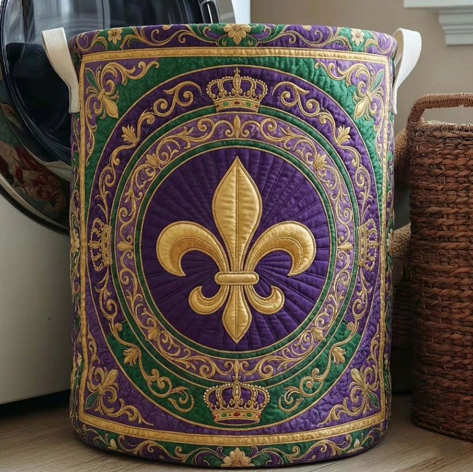 Luxurious Mardi Gras Fleur-de-lis Pattern Quilted Laundry Basket Eco-Friendly Machine Washable Storage Organizer for Home Carnival Themed Decor | Mardi Gras Fleur-de-lis