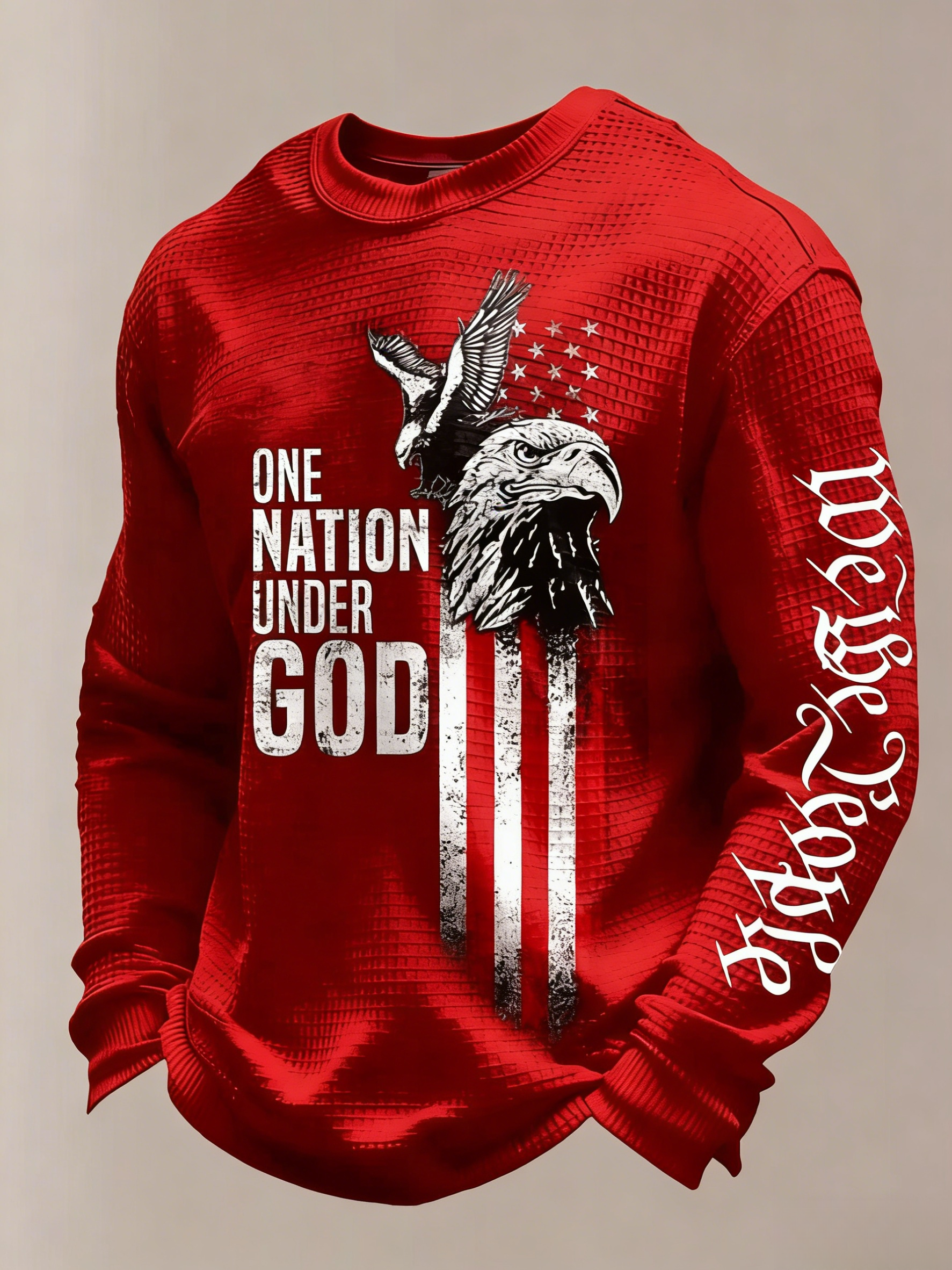 Men's "One Nation Under God" Retro Eagle & Flag Print Waffle-Knit Long-Sleeve Top