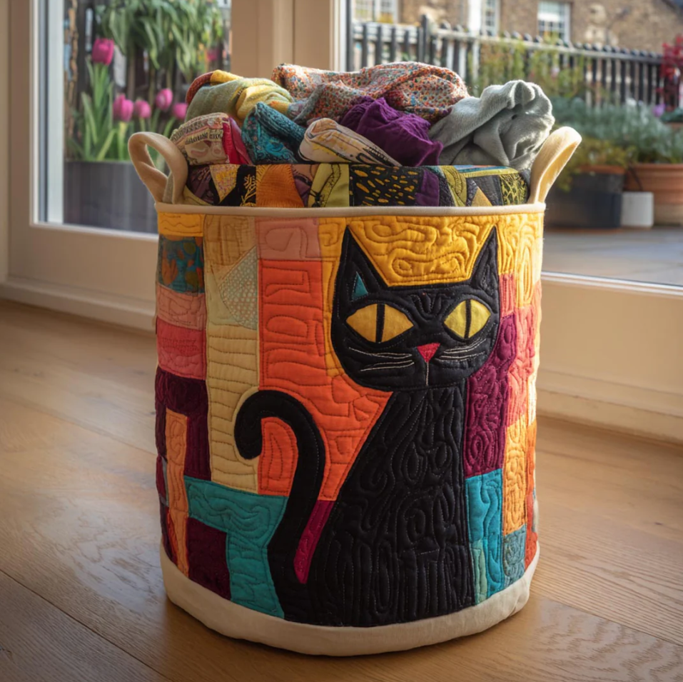 Artistic Cat Pattern Quilted Laundry Basket Eco-Friendly Machine Washable Storage Organizer for Home Cat Lover Room Decor | Cat