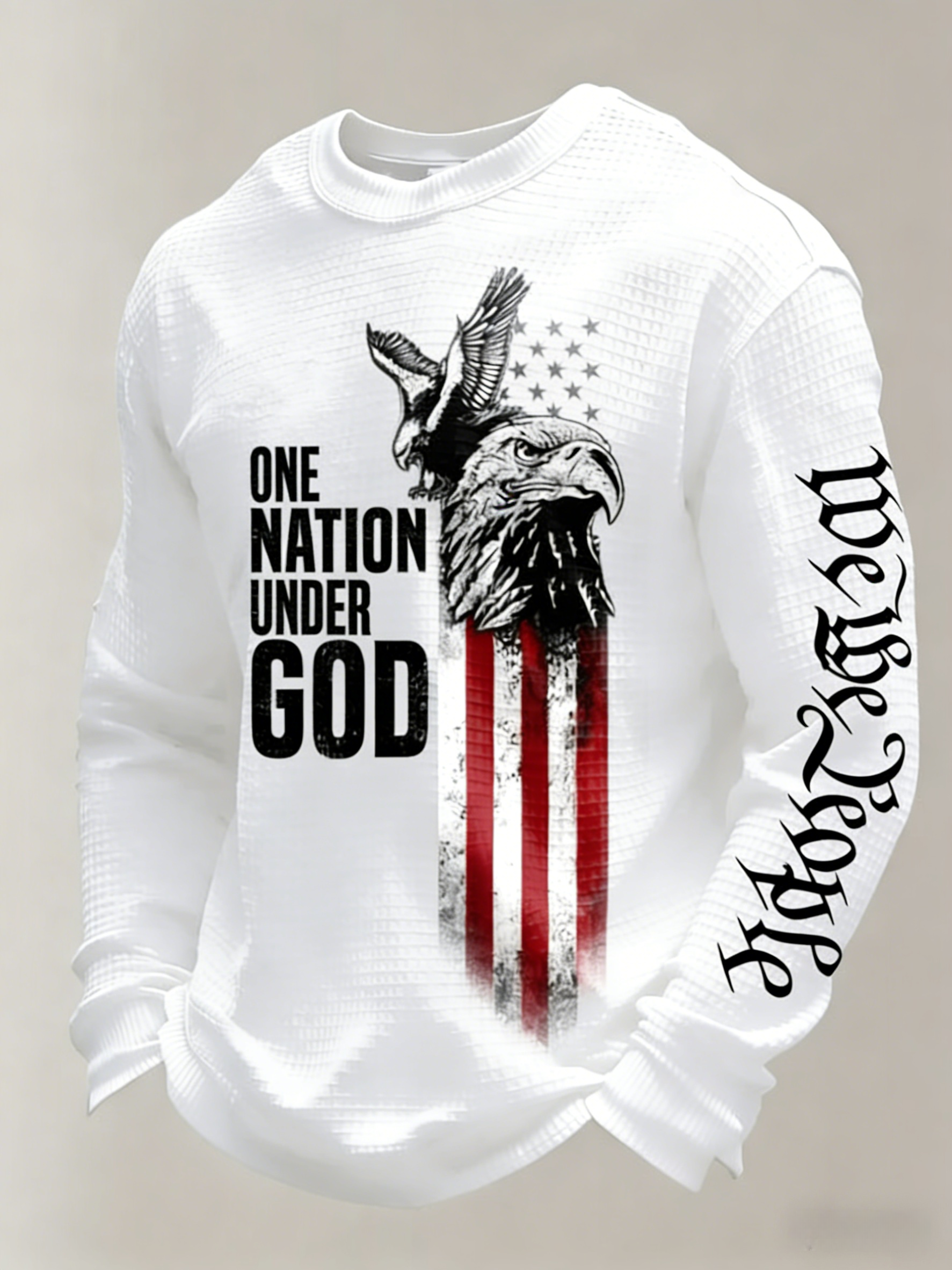 Men's "One Nation Under God" Retro Eagle & Flag Print Waffle-Knit Long-Sleeve Top