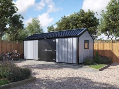 Capanno da giardino in metallo 300x240x210 cm - grigio chiaro/nero - per esterni - con doppia porta e tetto a falda-Casamybay