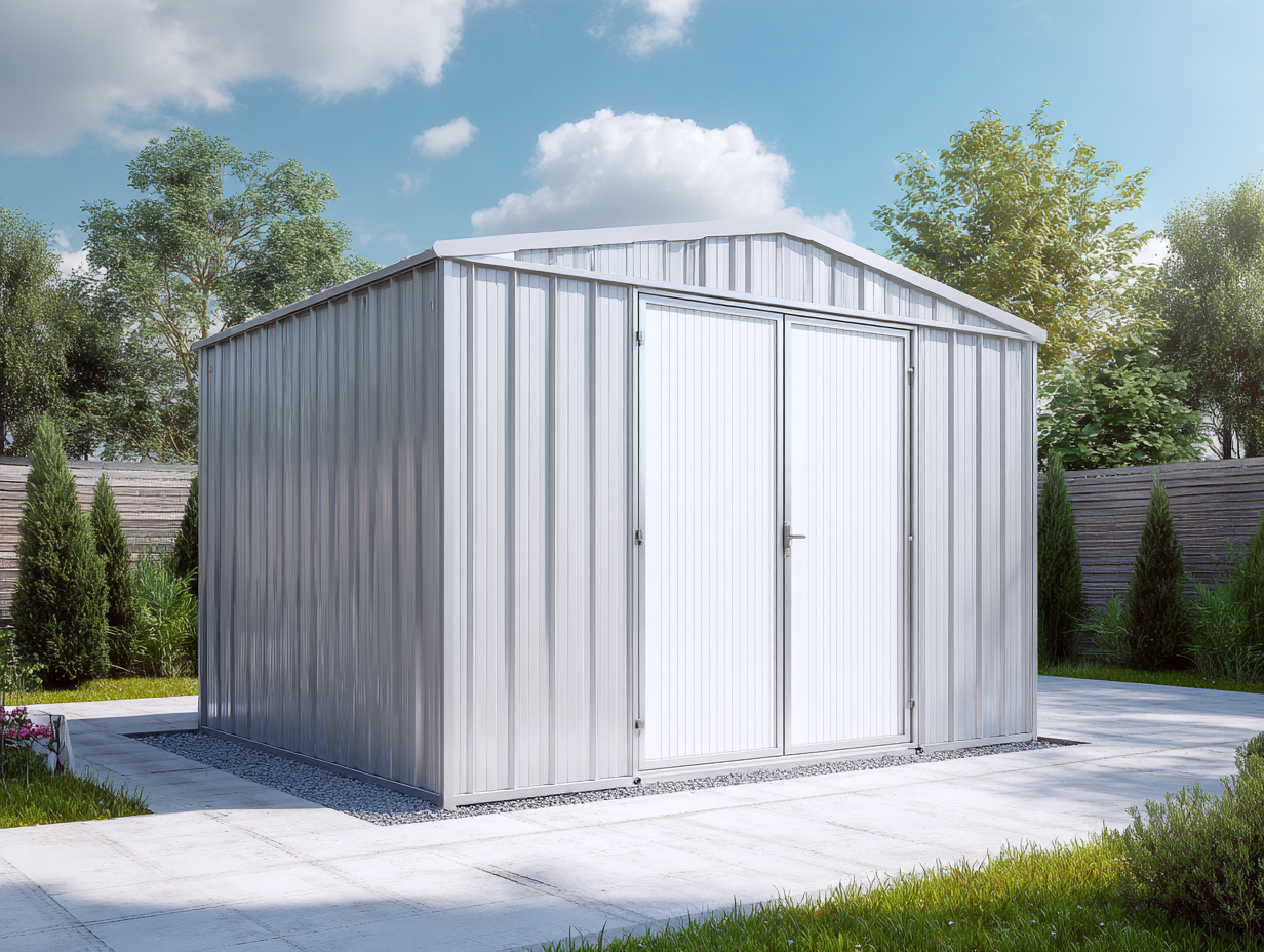 Casetta da giardino in metallo 300x300x220 cm - grigio/bianco - per esterno - con porte doppie e tetto a due falde-Casamybay