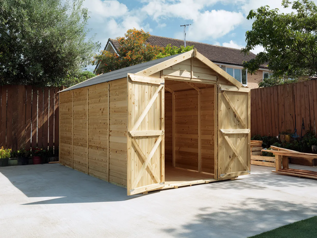 Casetta da giardino in legno 360x240x230 cm - legno naturale - per esterno - con porte doppie e tetto a due falde-Casamybay