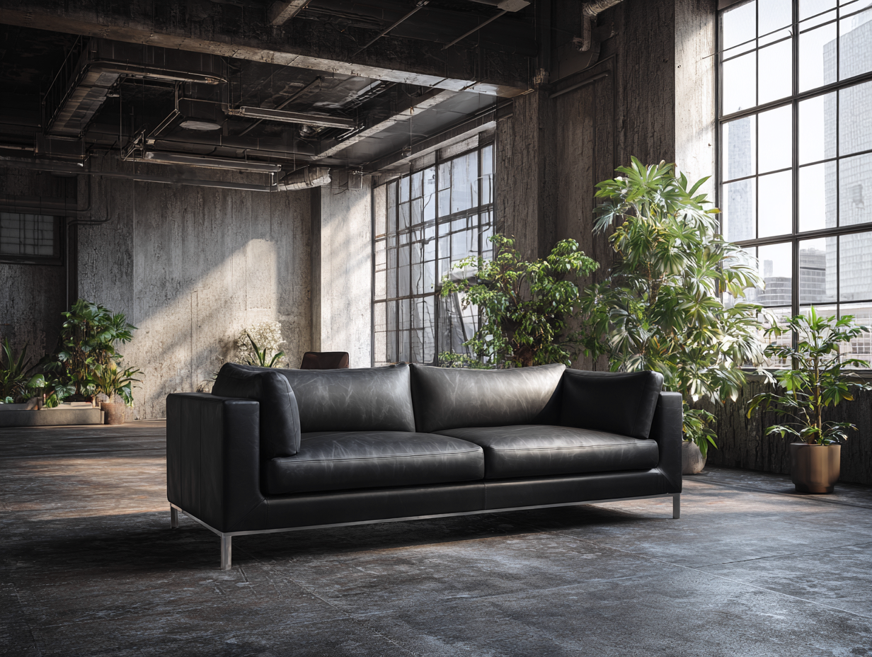 Divano 3 posti in vera pelle 215x90x85 cm - nero - per soggiorno - stile industriale con base metallica-Casamybay