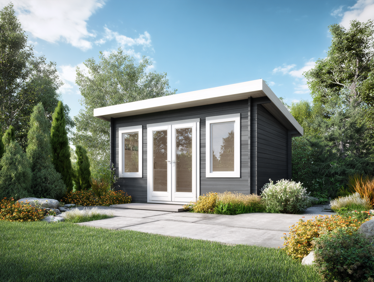 Casetta da giardino in legno 300x240x230 cm - grigio scuro/bianco - per esterni - design moderno con porte vetrate-Casamybay