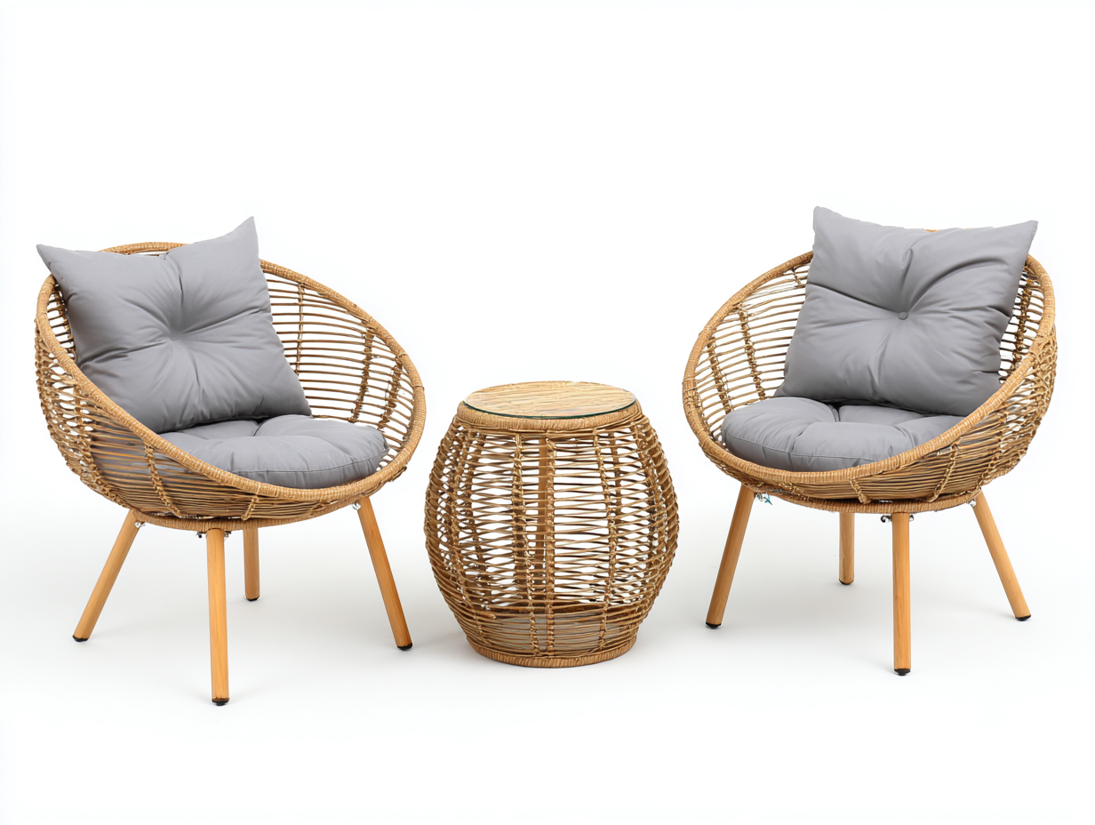 Set di poltrone da giardino in rattan con tavolino - poltrone 72x70x78 cm - naturale/grigio chiaro - uso esterno - design intrecciato con gambe in legno-Bamboogobay