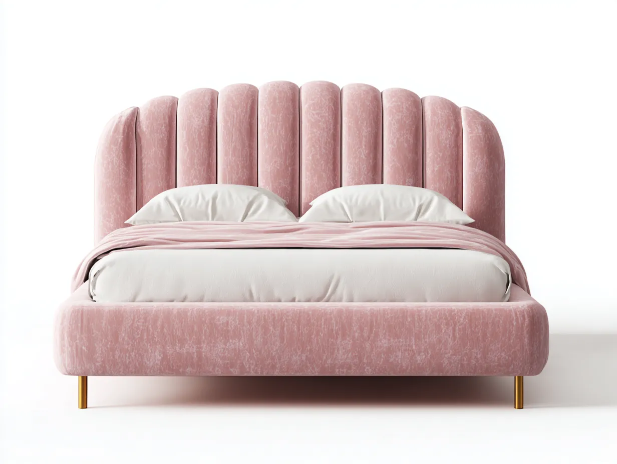 Letto matrimoniale imbottito in velluto 200x160x105cm - rosa cipria/oro - per camera da letto - testiera arrotondata a canali verticali stile contemporaneo-Bamboogobay