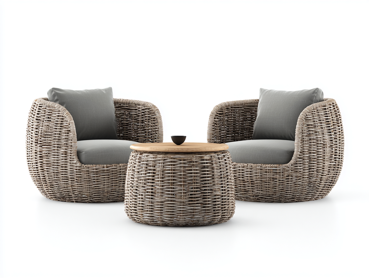 Set da giardino con 2 poltrone e tavolino in rattan sintetico - poltrone 75x75x78cm - naturale/grigio - per esterni-Bamboogobay