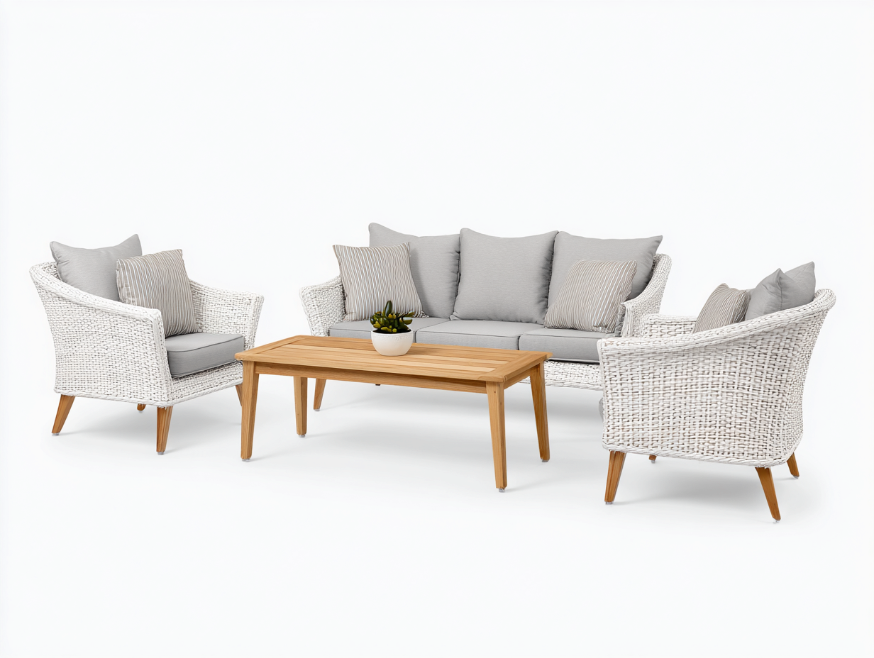 Set da giardino con divano e 2 poltrone in rattan - divano 190x80x78cm - bianco/grigio - per esterni - seduta con cuscini stile naturale-Bamboogobay
