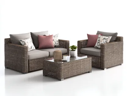 Set da giardino con divano e 2 poltrone in rattan - divano 160x78x75cm - marrone/grigio chiaro - per esterni - seduta con cuscini stile contemporaneo-Bamboogobay