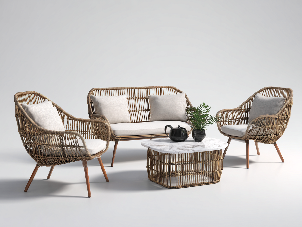 Set divano e poltrone da giardino in rattan naturale - divano 158 x72 x80cm - naturale/bianco - uso esterno - design intrecciato-Bamboogobay