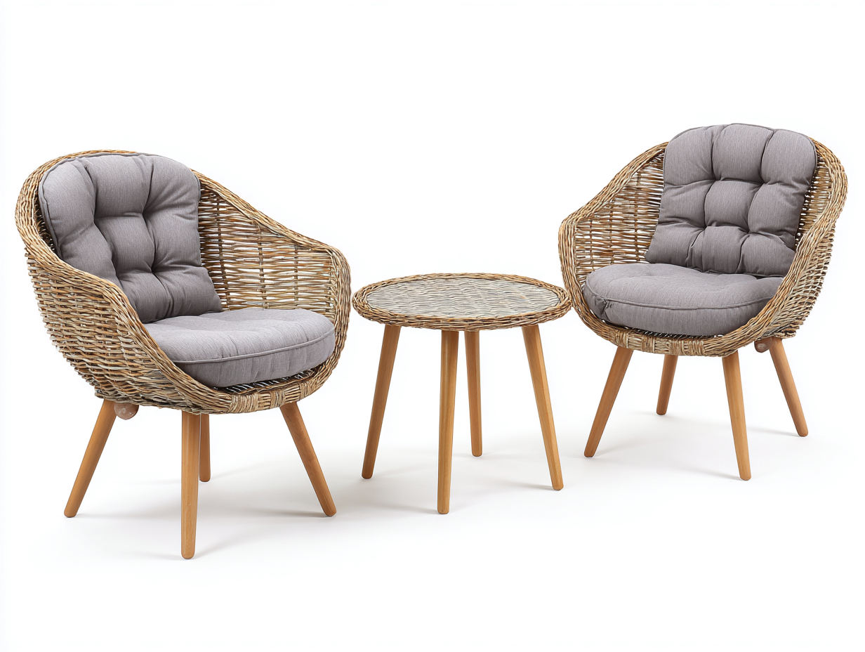Set da giardino con 2 poltrone e tavolino in rattan - poltrone 72x68x80cm - naturale/grigio - per esterni - seduta con cuscini imbottiti stile naturale-Bamboogobay
