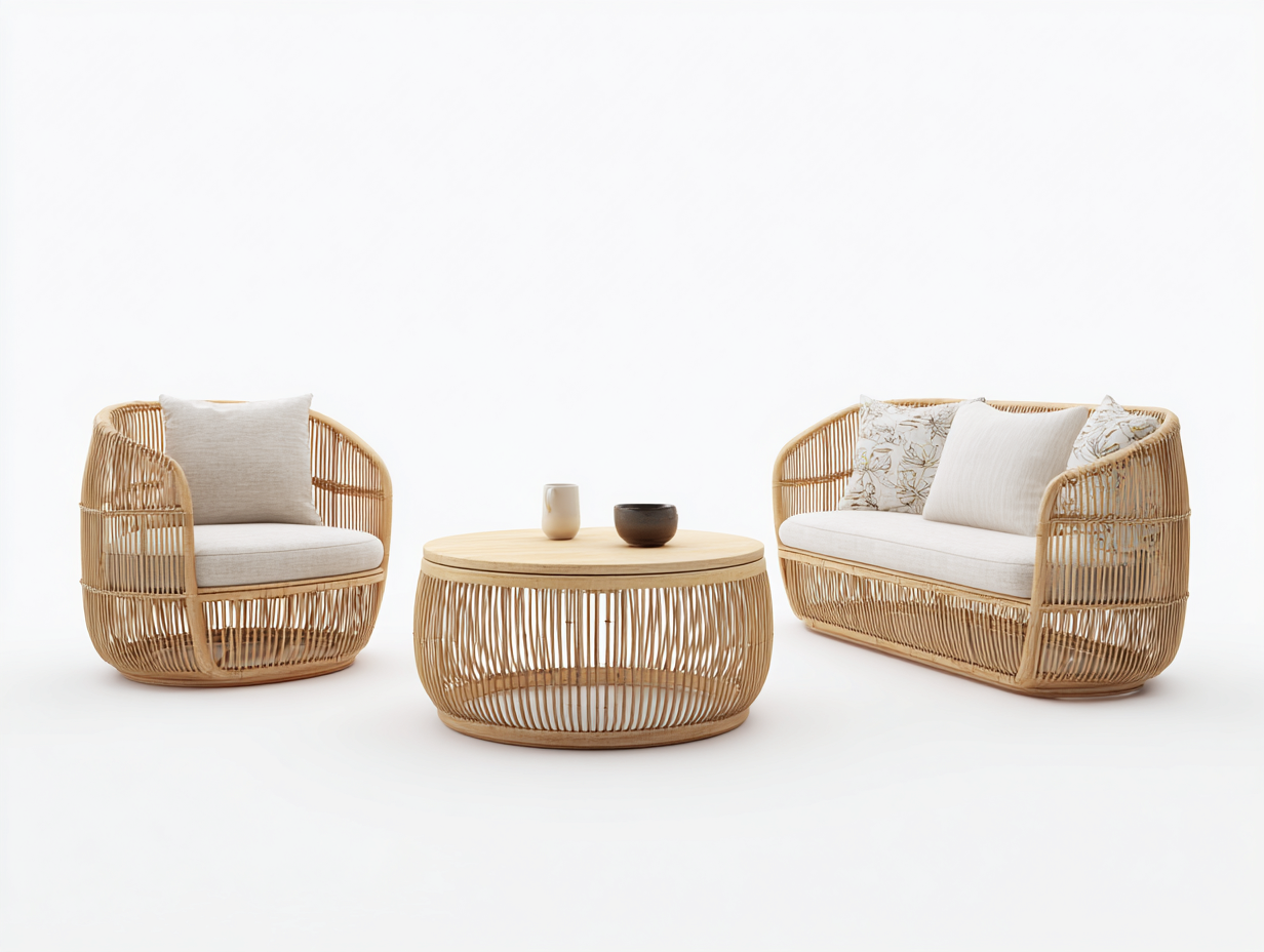 Set da giardino con divano e poltrona in rattan - divano 185x78x78cm - naturale/bianco - per esterni - seduta con cuscini imbottiti stile naturale-Bamboogobay