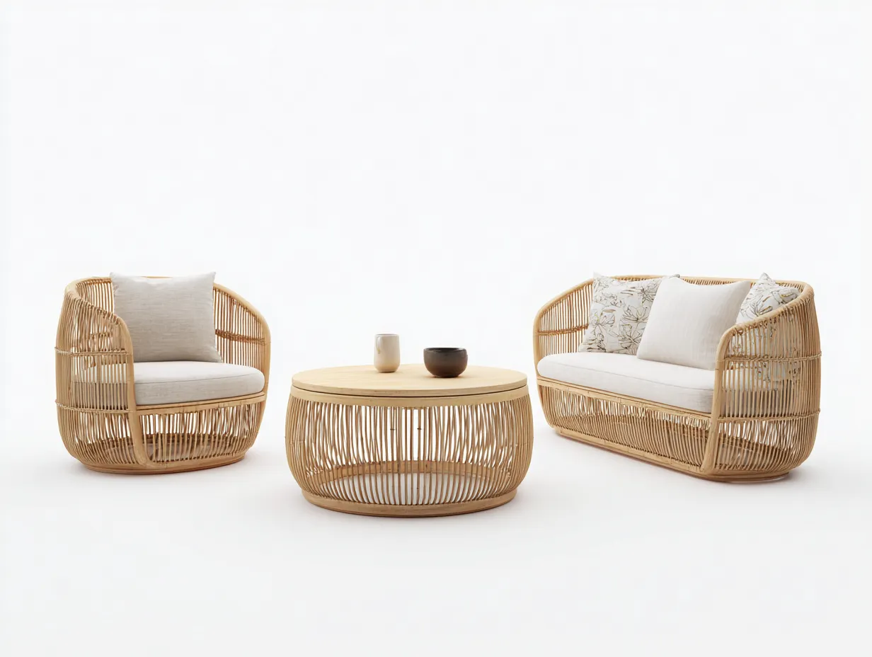 Set da giardino con divano e poltrona in rattan - divano 185x78x78cm - naturale/bianco - per esterni - seduta con cuscini imbottiti stile naturale-Bamboogobay