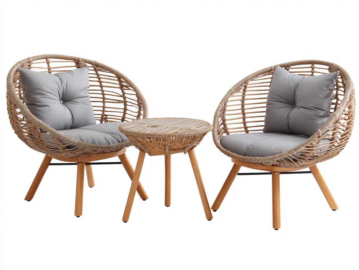 Set di poltrone da giardino in rattan con tavolino - poltrone70x68x75 cm - naturale/grigio - per esterni - struttura intrecciata con base in legno-Bamboogobay