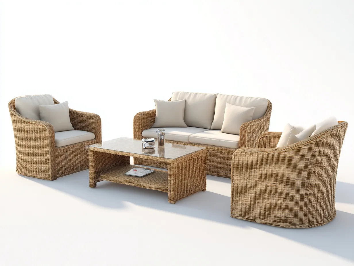 Set da giardino con divano e 2 poltrone in rattan - divano 160x80x78cm - naturale/crema - per esterni - seduta con cuscini stile naturale-Bamboogobay
