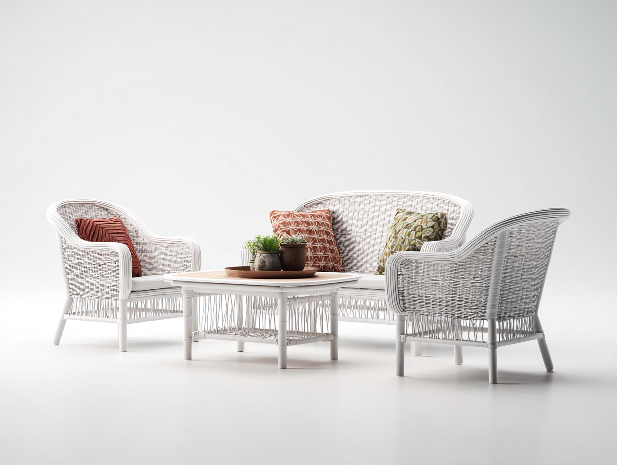 Set divano e poltrone da giardino in rattan con tavolino - divano 165x68x78 cm - bianco - uso esterno - design intrecciato-Bamboogobay