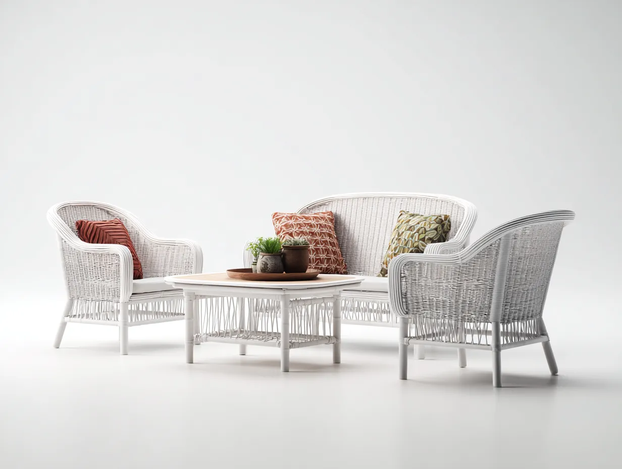 Set divano e poltrone da giardino in rattan con tavolino - divano 165x68x78 cm - bianco - uso esterno - design intrecciato-Bamboogobay