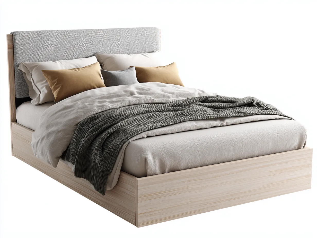 Letto matrimoniale con struttura in legno e testiera imbottita 200x160x105 cm - rovere chiaro/grigio chiaro - per camera da letto - stile moderno essenziale-Bamboogobay